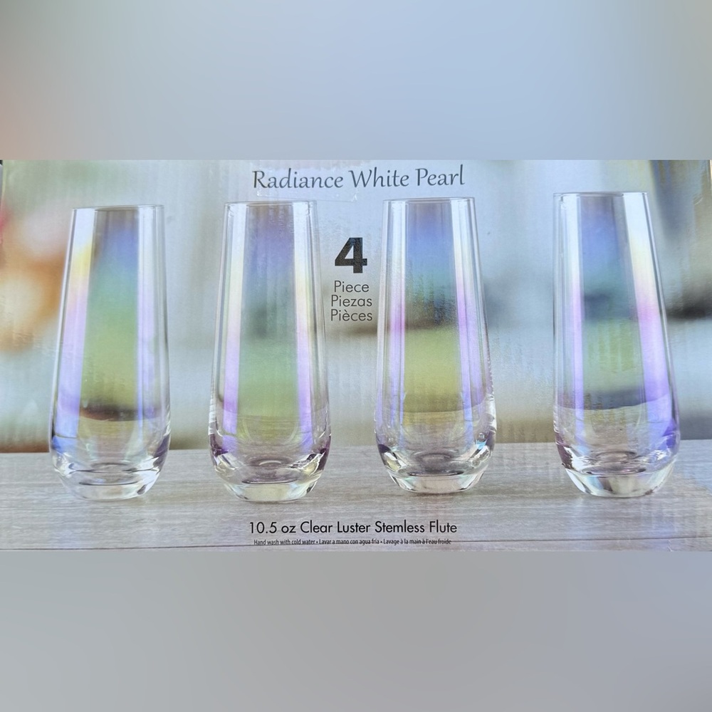 Champagne Stemless Flutes Clear Luster Pearl Iridescent
Approximately 7.5” Tall